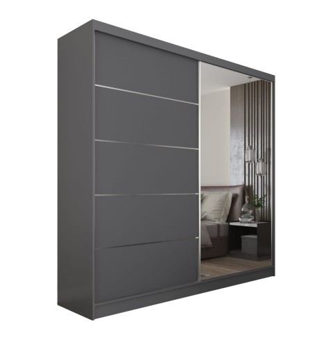 Grafitowa szafa przesuwna MARINA 200 z lustrem i szprosami na białym tle.jpg