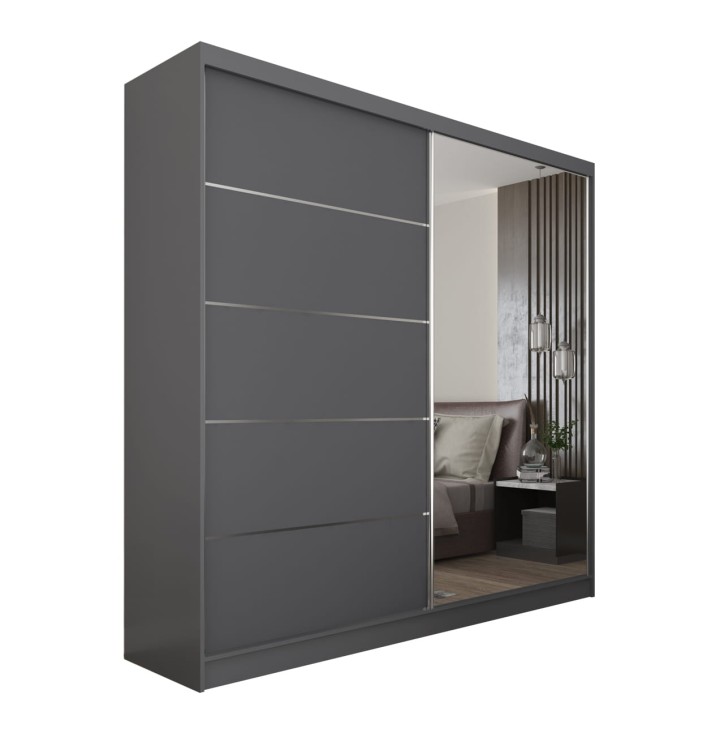 Grafitowa szafa przesuwna MARINA 200 z lustrem i szprosami na białym tle.jpg