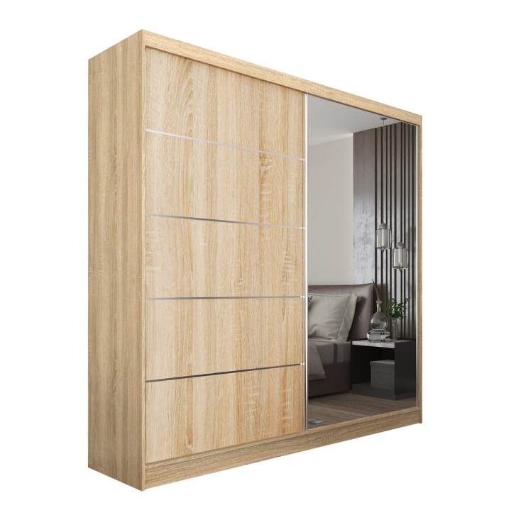 MARINA 200 nowoczesna szafa dąb sonoma z przesuwanymi drzwiami i dużym lustrem na białym tle.jpg