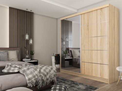 Szafa przesuwna w kolorze dąb sonoma MARINA 200 z lustrem i szprosami aranżacja.jpg