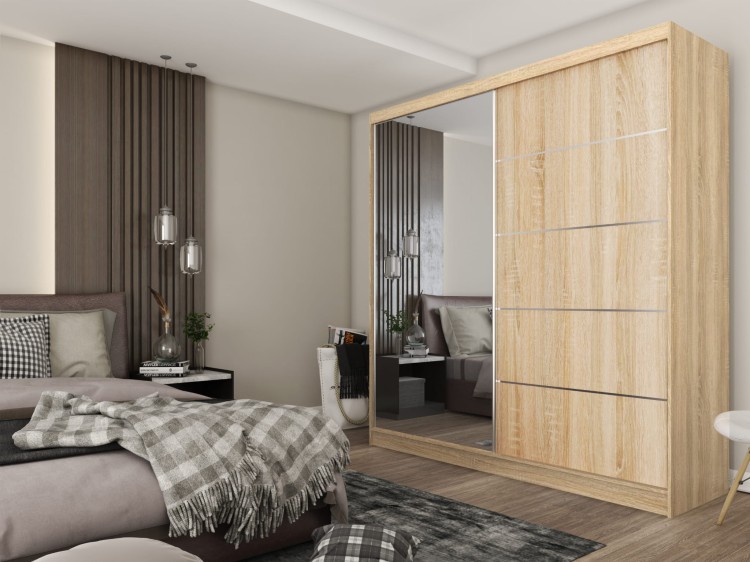 Szafa przesuwna w kolorze dąb sonoma MARINA 200 z lustrem i szprosami aranżacja.jpg