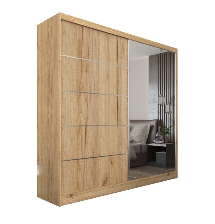 MARINA 200 szafa w kolorze dąb artisan z dużym lustrem i dekoracyjnymi szprosami na białym tle.jpg