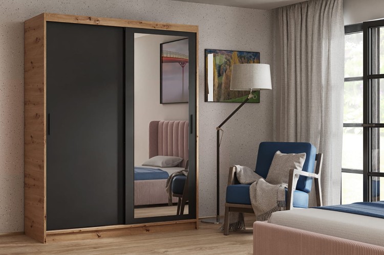 Szafa przesuwna z lustrem w kolorze dąb artisan czarny aranżacja.jpg