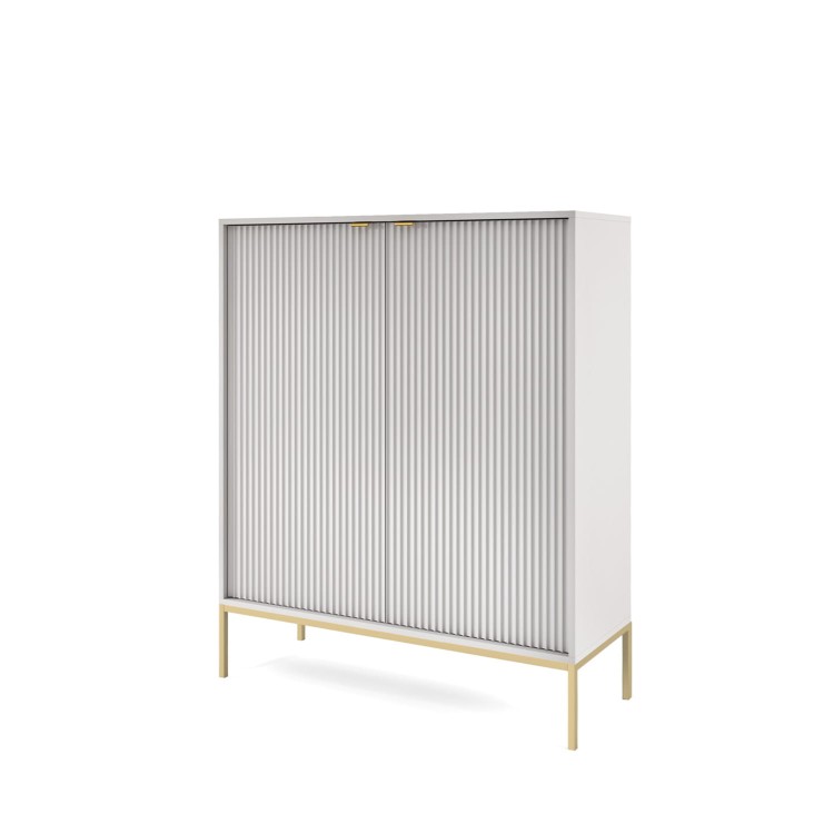 szara komoda wysoka z dwoma drzwiami AVO na złotym metalowym stelażu.jpg